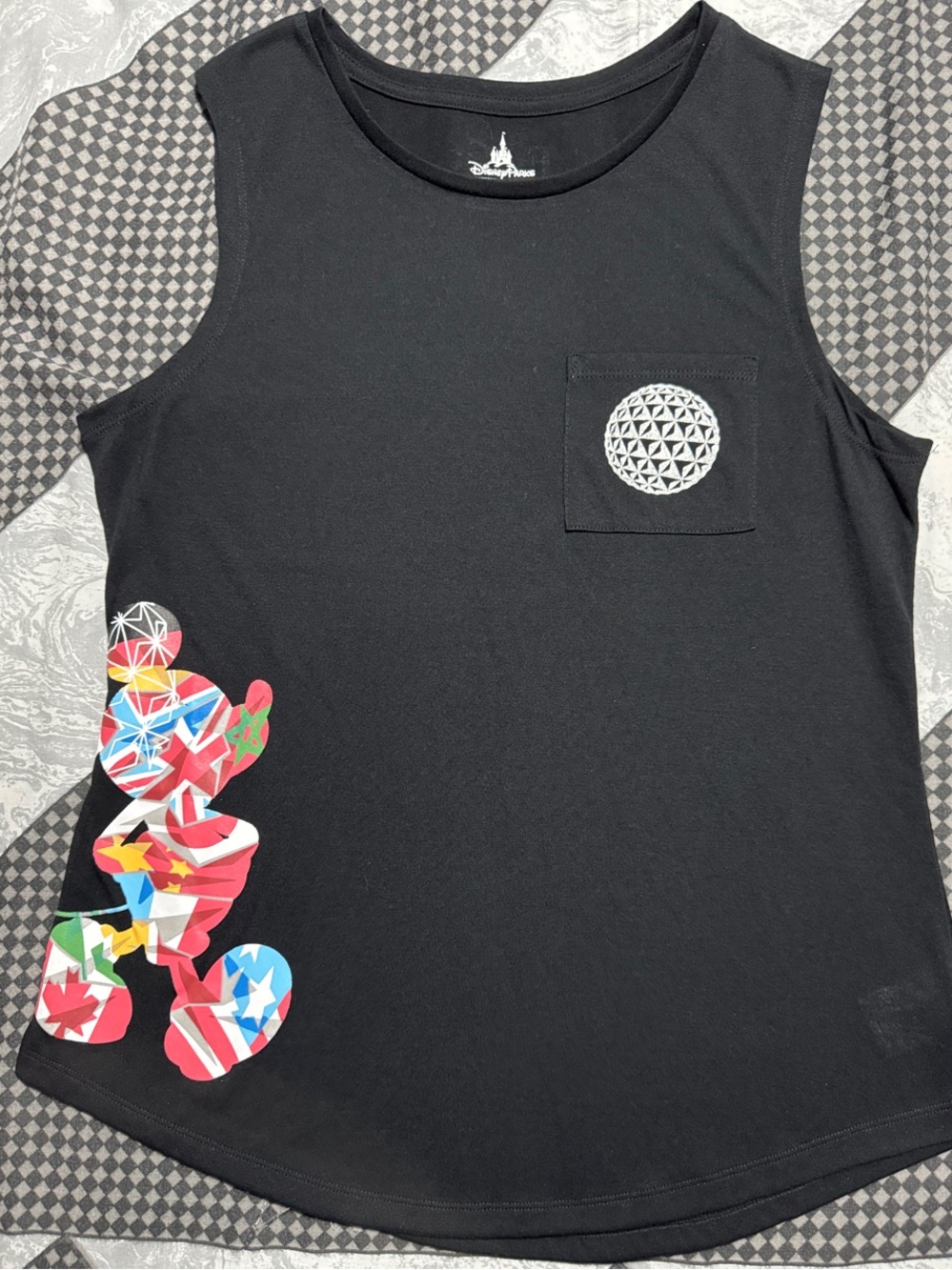Disney Black Tank Top with Multicolor Mickey Cutout & Pocket Logo